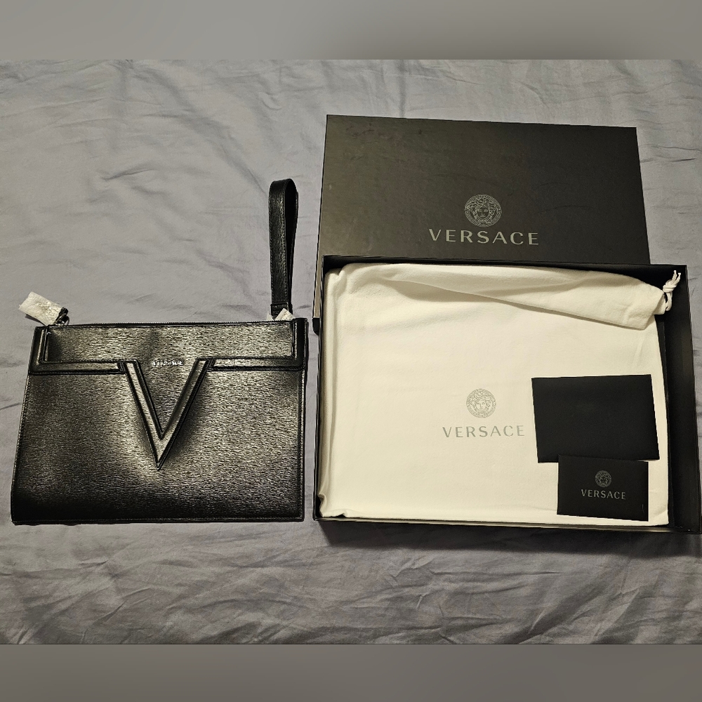 NWT - Versace V Logo Leather Clutch Bag